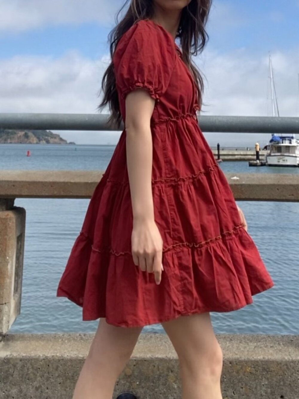 Red puff sleeve tiered mini dress